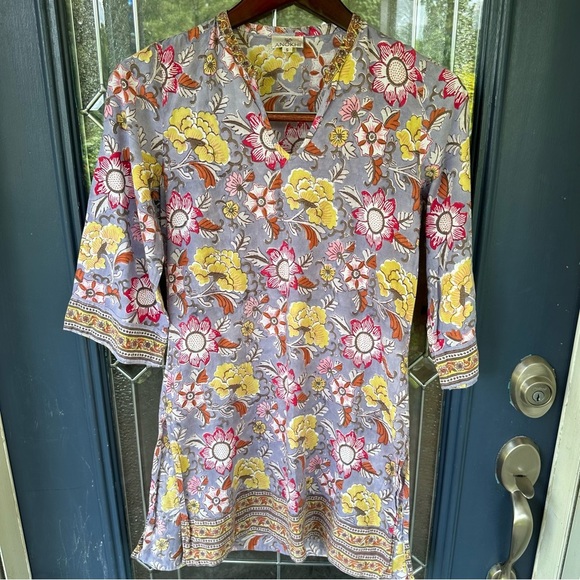 Anokhi size small 100% cotton Indian floral 3/4 sleeve long tunic boho - Picture 1 of 8